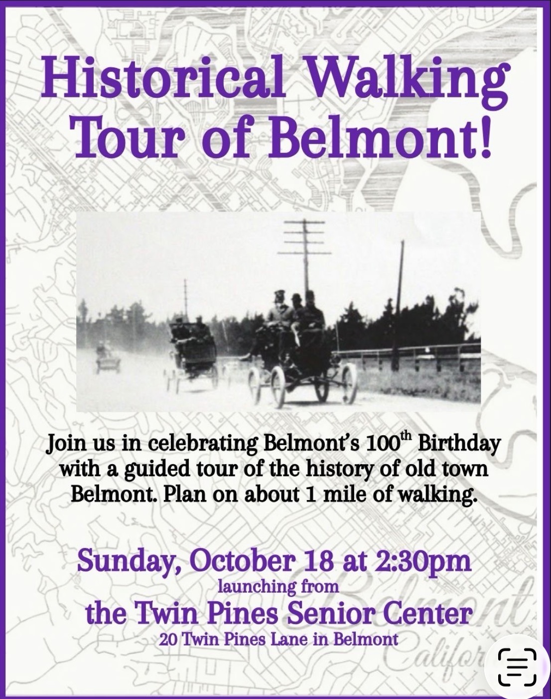 Historical Walking Tour of Belmont — Sunday, October 18 at 2:30pm, launching from the Twin Pines Senior Center, 20 Twin Pines Lane in Belmont
